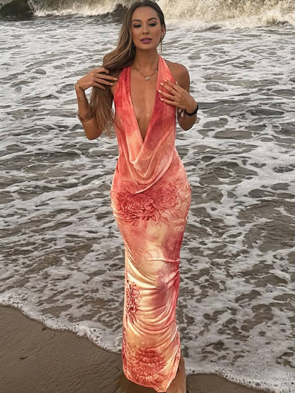 Cocolii robe longue imprimé à fleurie licou fendu le côté dos nu décolleté plongeant sans manches bohème décontracté de plage