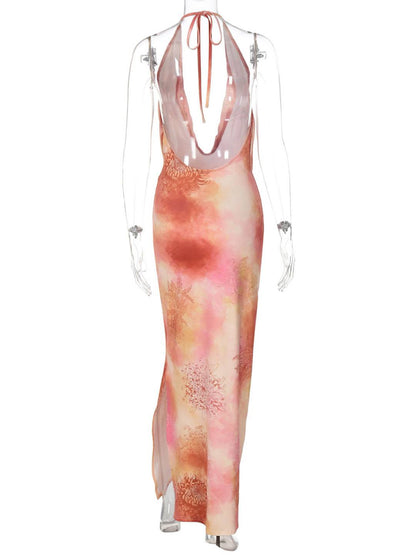 Cocolii robe longue imprimé à fleurie licou fendu le côté dos nu décolleté plongeant sans manches bohème décontracté de plage