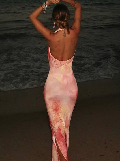 Cocolii robe longue imprimé à fleurie licou fendu le côté dos nu décolleté plongeant sans manches bohème décontracté de plage