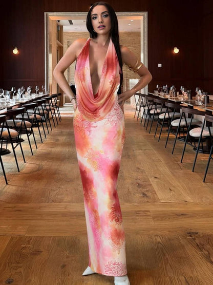 Cocolii robe longue imprimé à fleurie licou fendu le côté dos nu décolleté plongeant sans manches bohème décontracté de plage