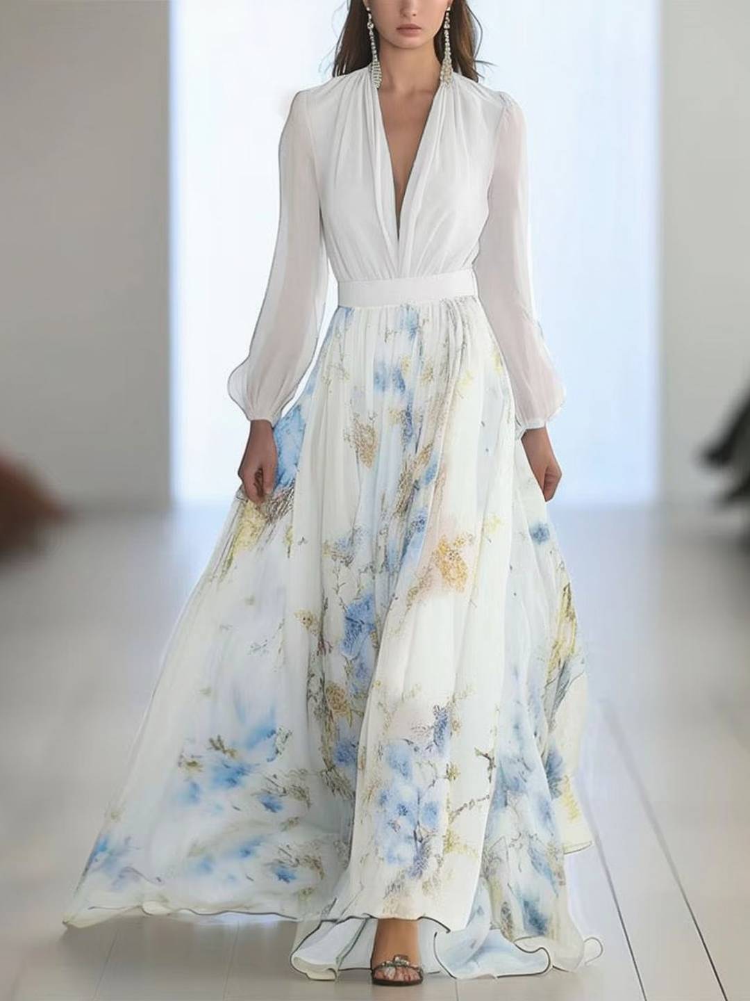 Cocolii robe longue imprimé à fleurie v-cou manches longues élégant boho vintage bal de promo pour une occasion spéciale