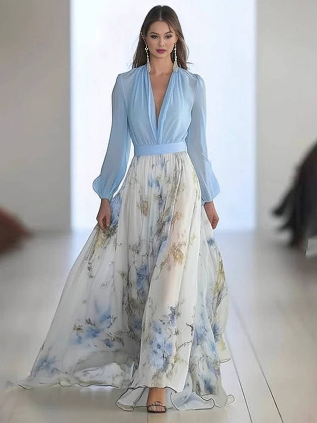 Cocolii robe longue imprimé à fleurie v-cou manches longues élégant boho vintage bal de promo pour une occasion spéciale