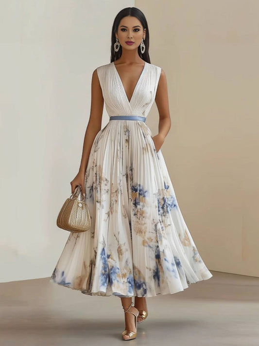 Cocolii robe longue trapèze plissé en mousseline imprimé à fleurie v-cou sans manches élégant vintage de soirée cérémonie