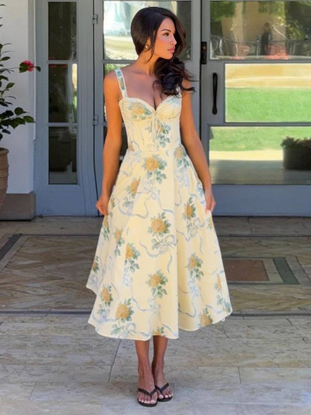 Cocolii robe longue trapèze imprimé à fleurie v-cou sans manches doux élégant bal de promo anniversaire de plage