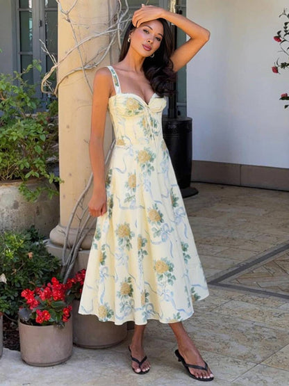 Cocolii robe longue trapèze imprimé à fleurie v-cou sans manches doux élégant bal de promo anniversaire de plage