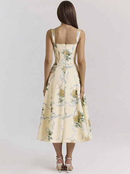 Cocolii robe longue trapèze imprimé à fleurie v-cou sans manches doux élégant bal de promo anniversaire de plage