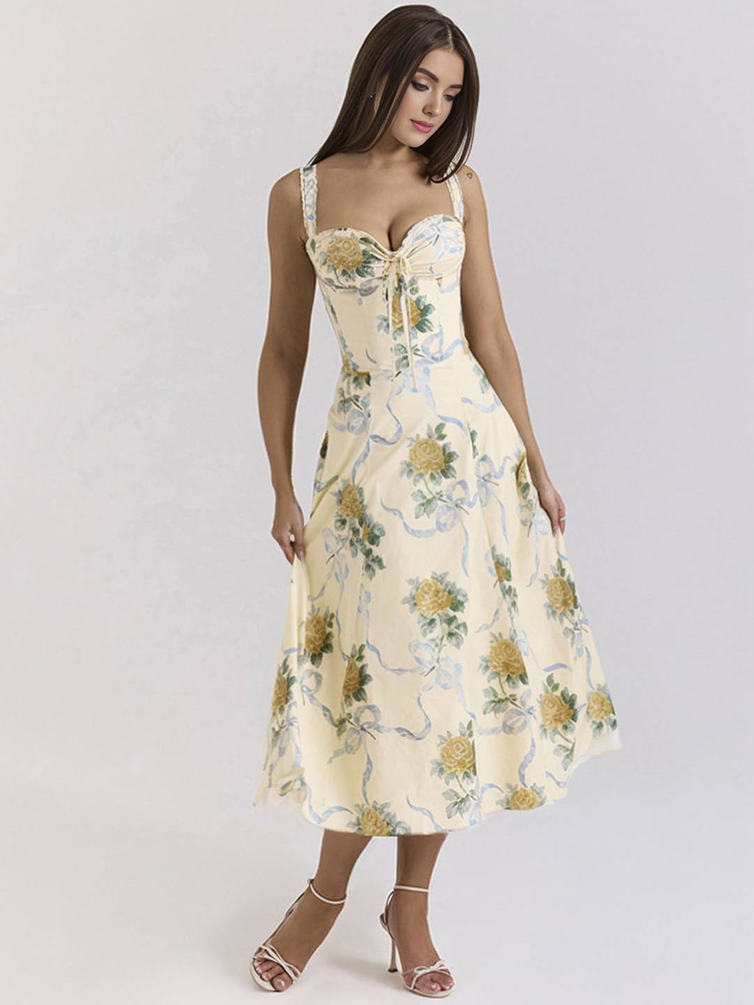 Cocolii robe longue trapèze imprimé à fleurie v-cou sans manches doux élégant bal de promo anniversaire de plage