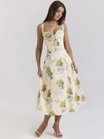 Cocolii robe longue trapèze imprimé à fleurie v-cou sans manches doux élégant bal de promo anniversaire de plage