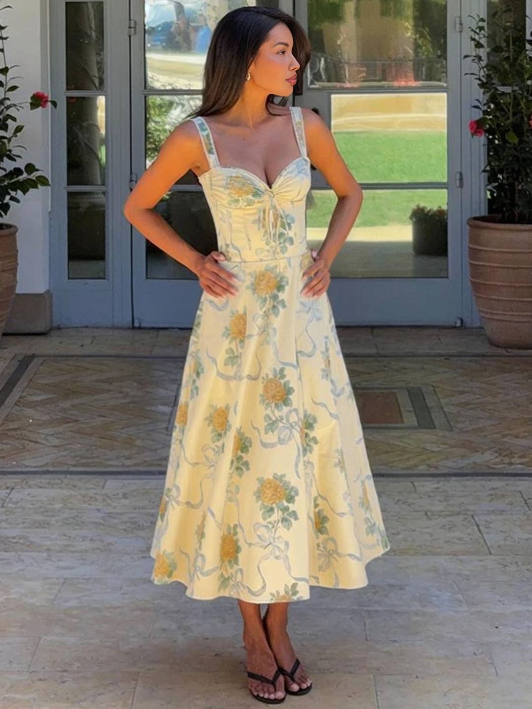 Cocolii robe longue trapèze imprimé à fleurie v-cou sans manches doux élégant bal de promo anniversaire de plage