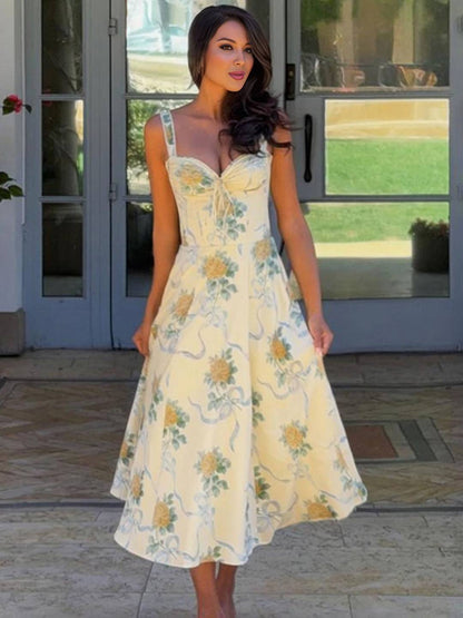 Cocolii robe longue trapèze imprimé à fleurie v-cou sans manches doux élégant bal de promo anniversaire de plage