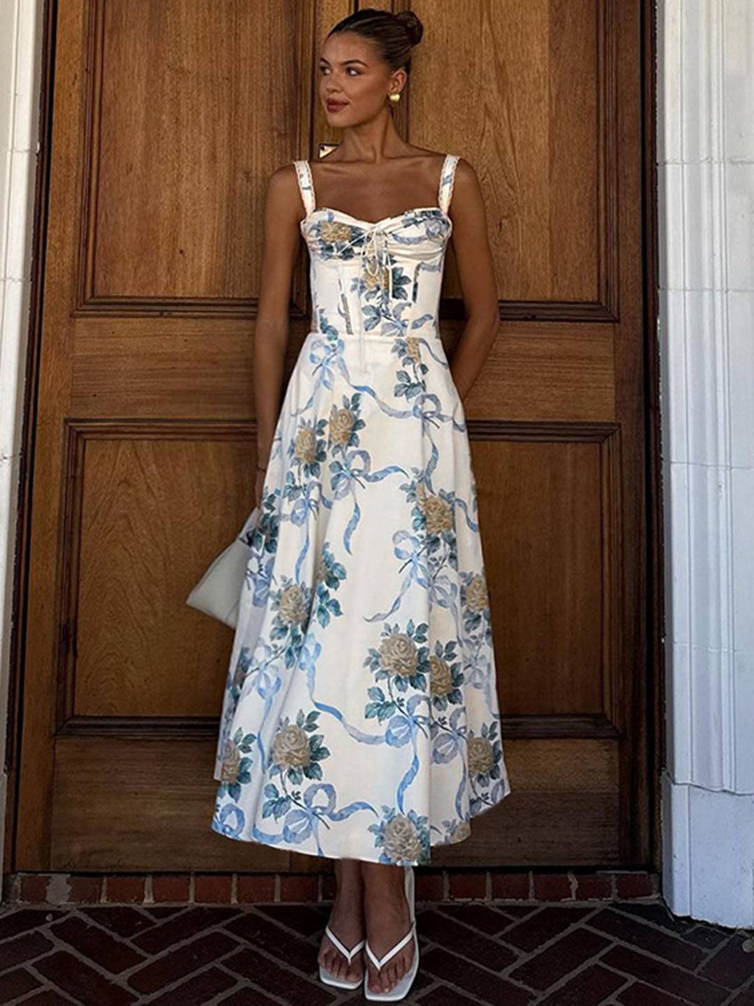 Cocolii robe longue trapèze imprimé à fleurie v-cou sans manches doux élégant bal de promo anniversaire de plage