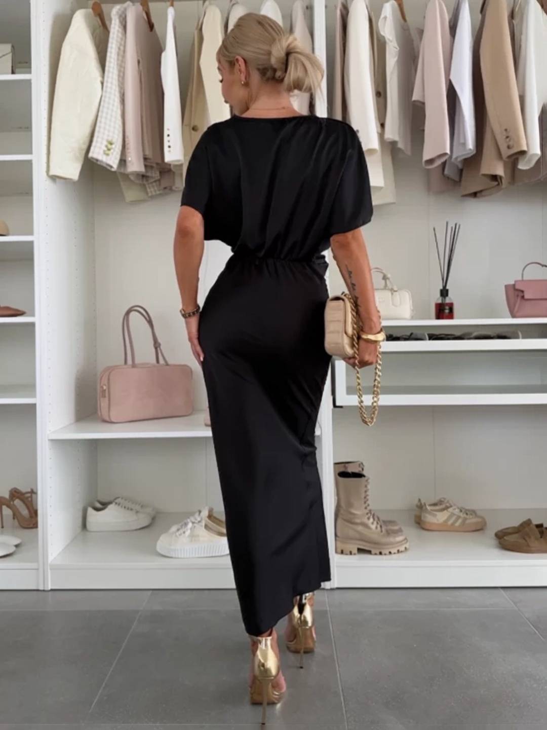 Cocolii robe longue en satin moulante v-cou nœud manches chauve souris manches courtes femme élégant de cocktail plage