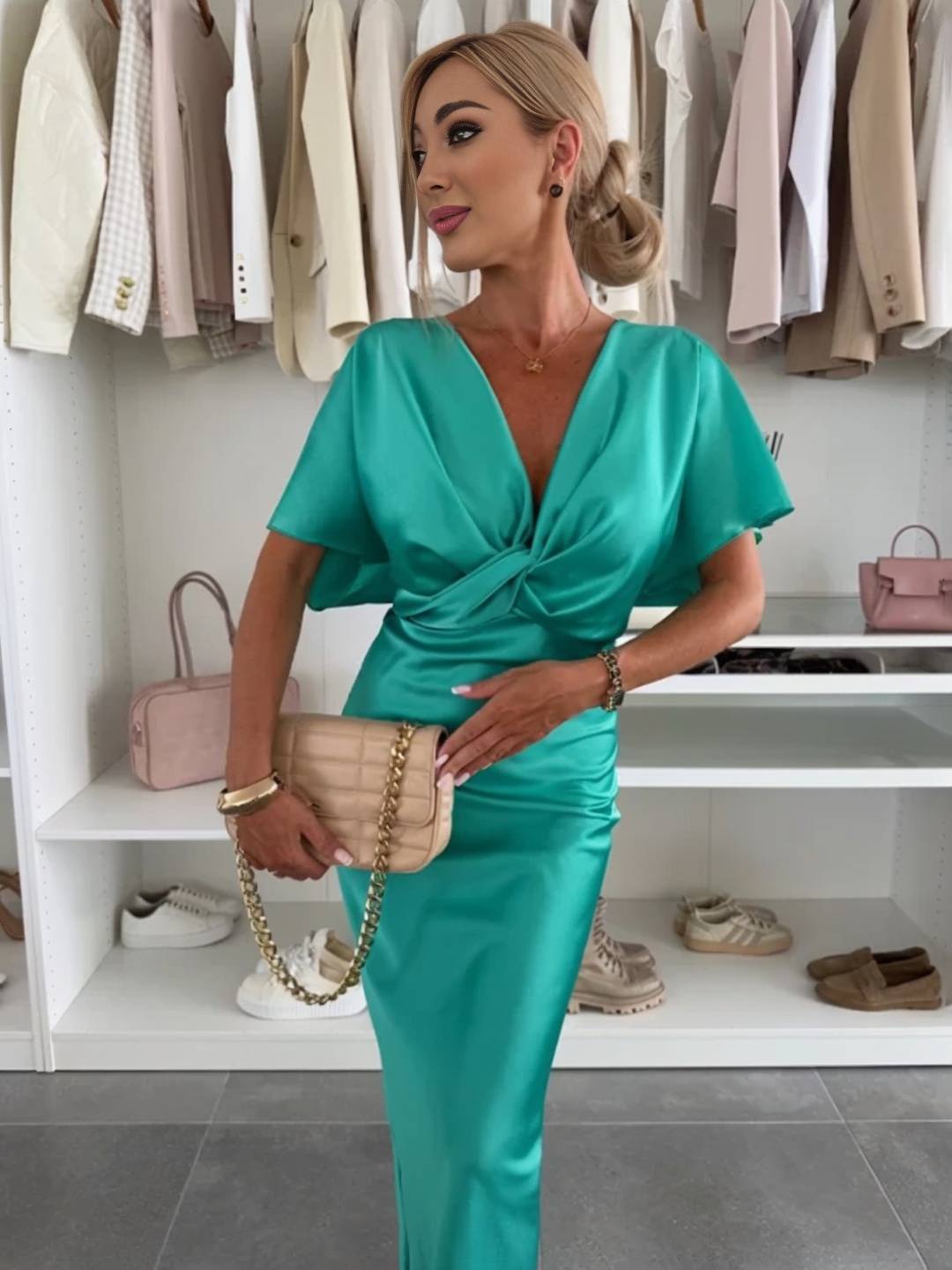 Cocolii robe longue en satin moulante v-cou nœud manches chauve souris manches courtes femme élégant de cocktail plage