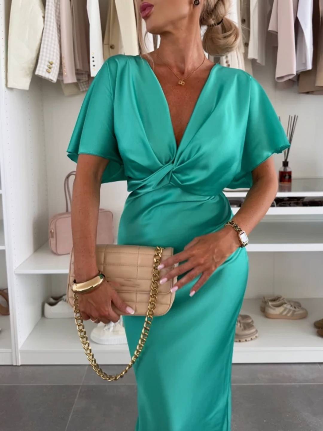 Cocolii robe longue en satin moulante v-cou nœud manches chauve souris manches courtes femme élégant de cocktail plage