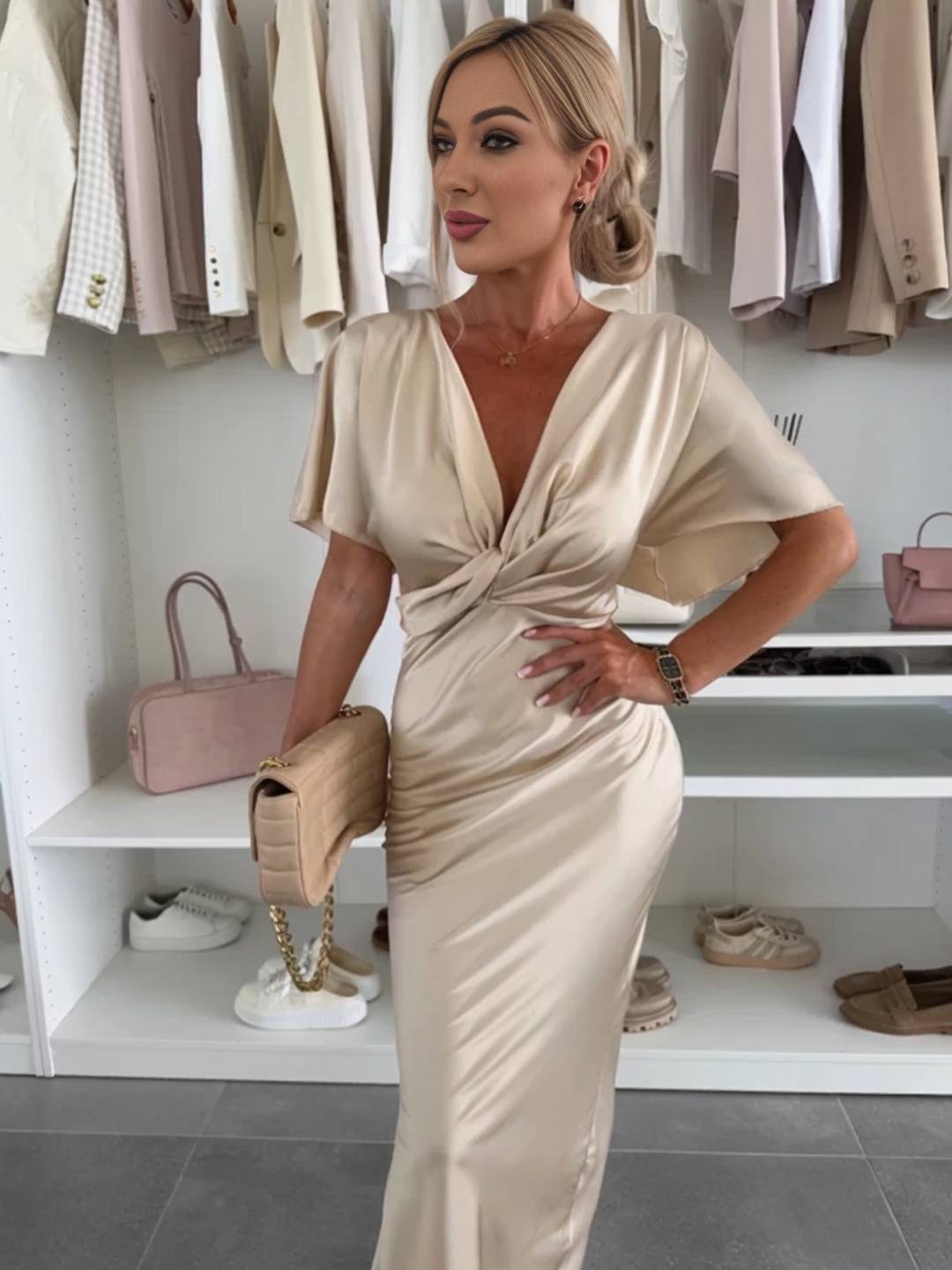 Cocolii robe longue en satin moulante v-cou nœud manches chauve souris manches courtes femme élégant de cocktail plage