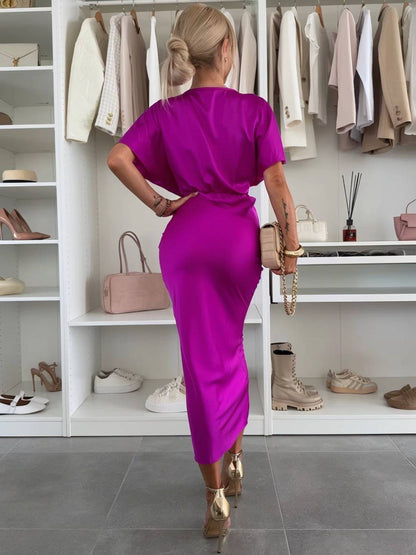 Cocolii robe longue en satin moulante v-cou nœud manches chauve souris manches courtes femme élégant de cocktail plage