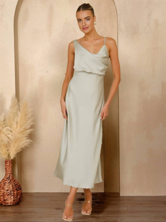Cocolii longue robe en satin irrégulière v-cou col bénitier et dos nu sans manches élégant femme pour une soirée invité mariage