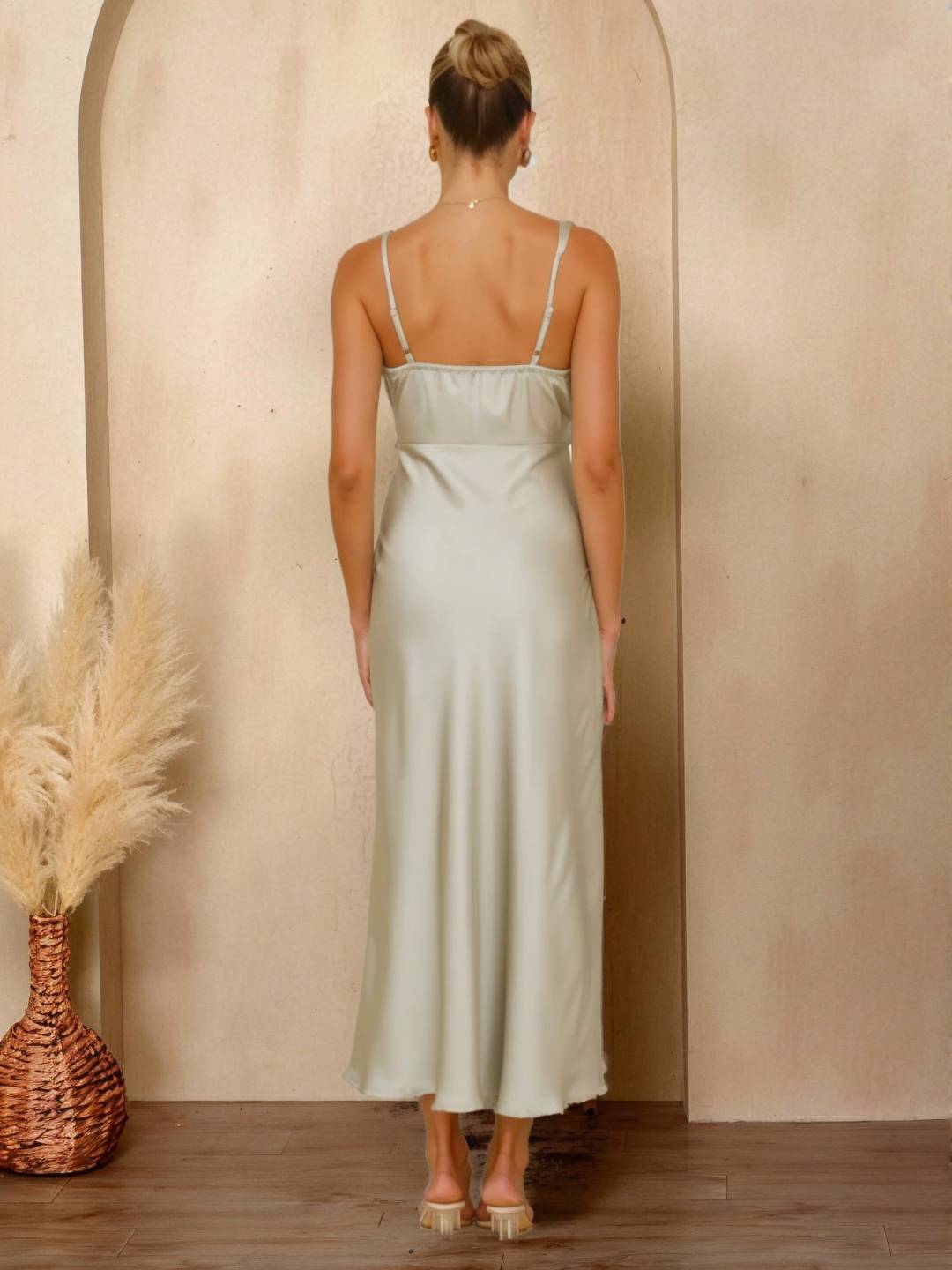 Cocolii longue robe en satin irrégulière v-cou col bénitier et dos nu sans manches élégant femme pour une soirée invité mariage