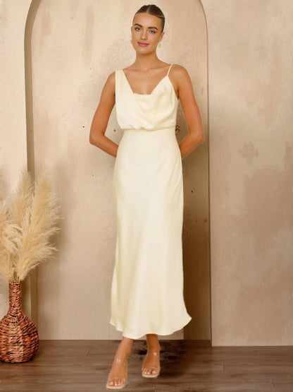 Cocolii longue robe en satin irrégulière v-cou col bénitier et dos nu sans manches élégant femme pour une soirée invité mariage