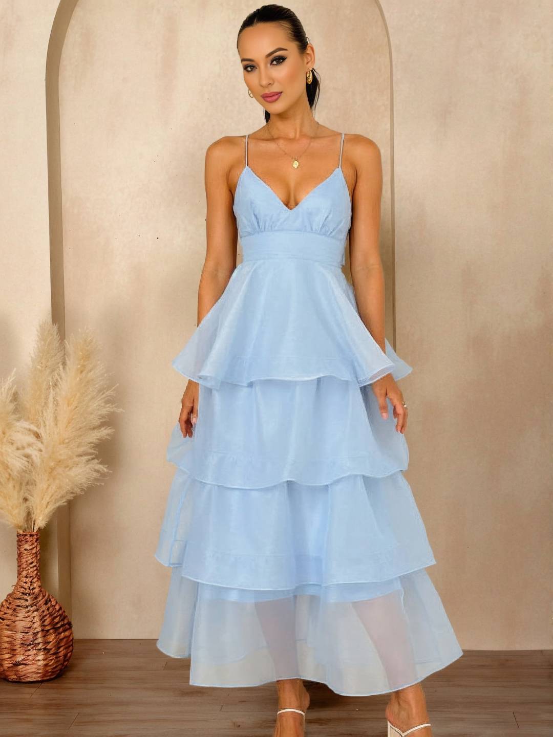 Cocolii longue robe tulle à volants étagés v-cou à fines brides dos nu sans manches femme élégant bal de promo de soirée anniversaire