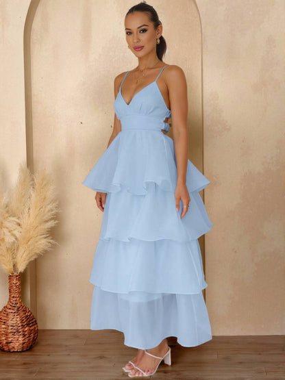 Cocolii longue robe tulle à volants étagés v-cou à fines brides dos nu sans manches femme élégant bal de promo de soirée anniversaire