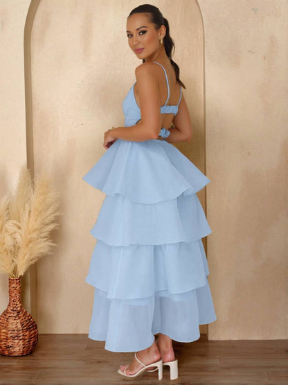 Cocolii longue robe tulle à volants étagés v-cou à fines brides dos nu sans manches femme élégant bal de promo de soirée anniversaire