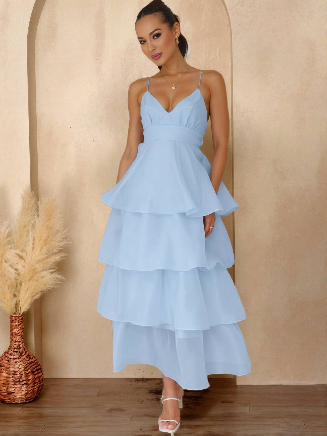 Cocolii longue robe tulle à volants étagés v-cou à fines brides dos nu sans manches femme élégant bal de promo de soirée anniversaire
