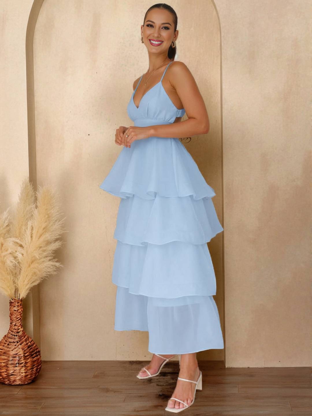 Cocolii longue robe tulle à volants étagés v-cou à fines brides dos nu sans manches femme élégant bal de promo de soirée anniversaire