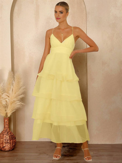 Cocolii longue robe tulle à volants étagés v-cou à fines brides dos nu sans manches femme élégant bal de promo de soirée anniversaire