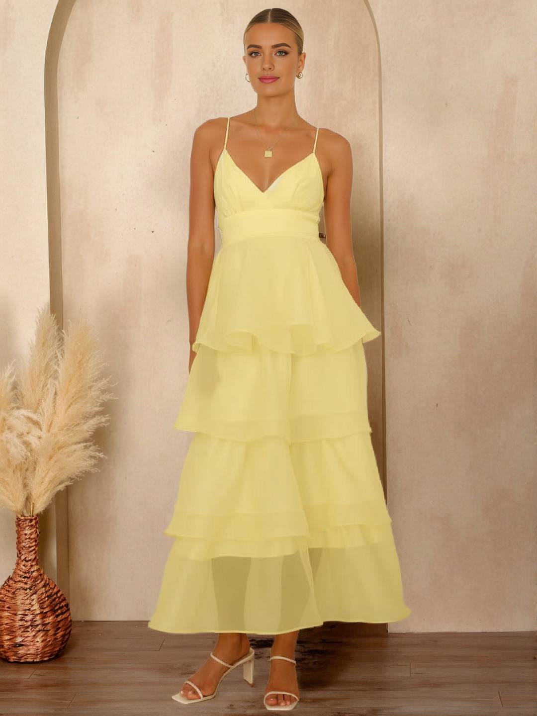Cocolii longue robe tulle à volants étagés v-cou à fines brides dos nu sans manches femme élégant bal de promo de soirée anniversaire