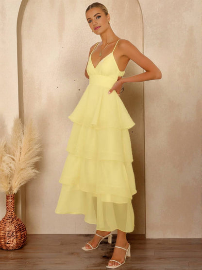 Cocolii longue robe tulle à volants étagés v-cou à fines brides dos nu sans manches femme élégant bal de promo de soirée anniversaire