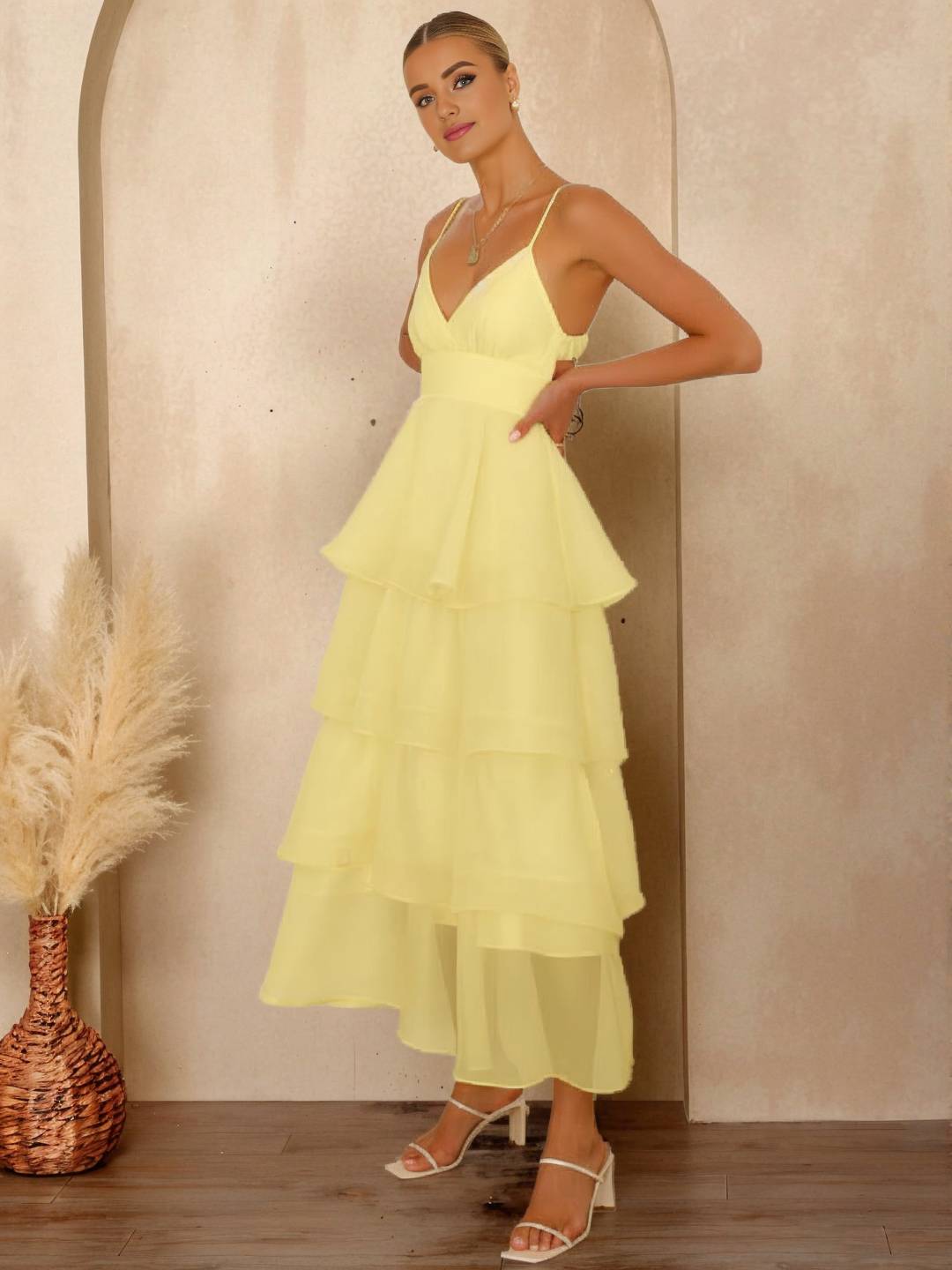 Cocolii longue robe tulle à volants étagés v-cou à fines brides dos nu sans manches femme élégant bal de promo de soirée anniversaire