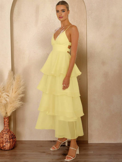 Cocolii longue robe tulle à volants étagés v-cou à fines brides dos nu sans manches femme élégant bal de promo de soirée anniversaire