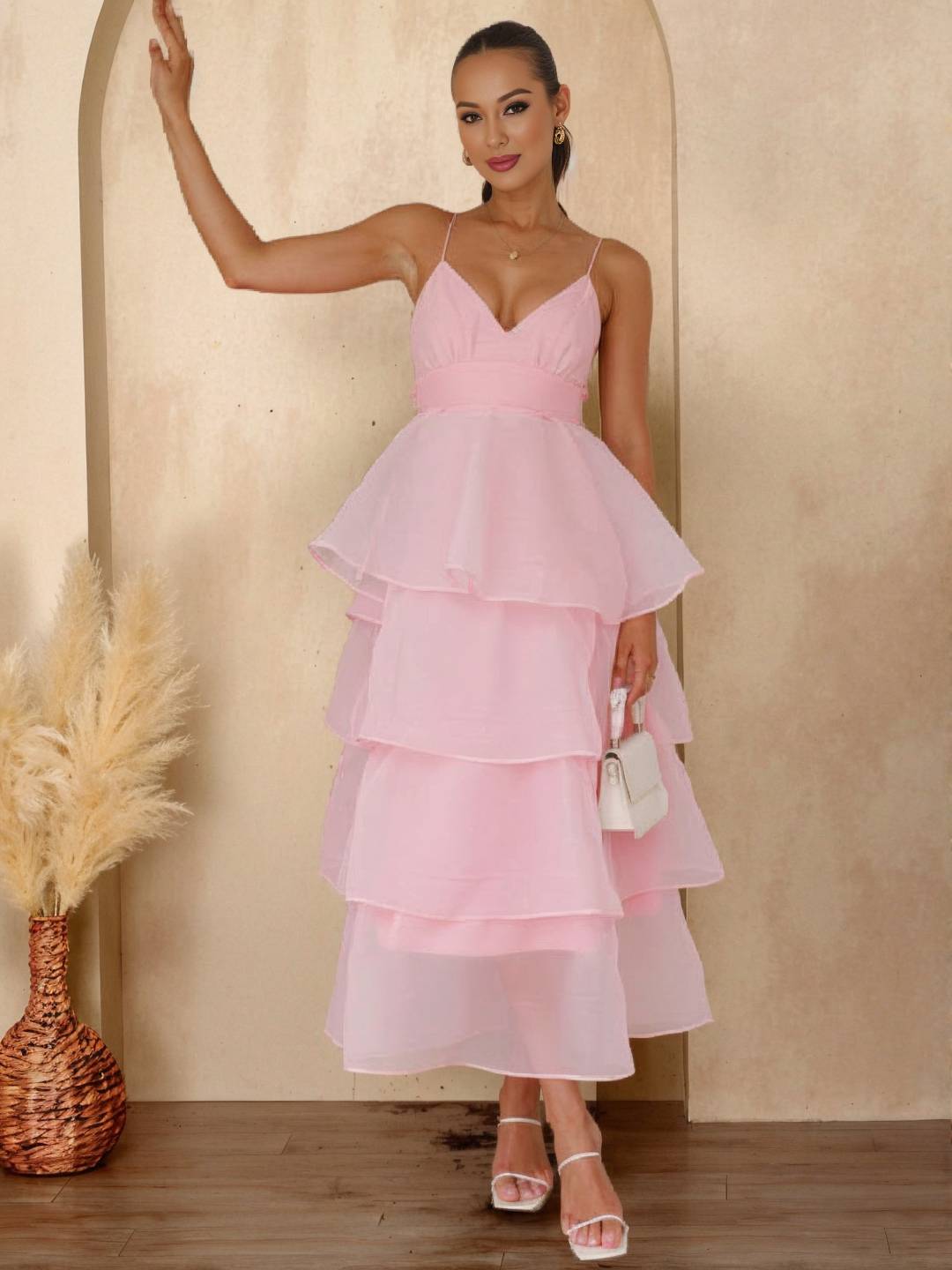 Cocolii longue robe tulle à volants étagés v-cou à fines brides dos nu sans manches femme élégant bal de promo de soirée anniversaire