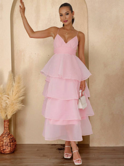 Cocolii longue robe tulle à volants étagés v-cou à fines brides dos nu sans manches femme élégant bal de promo de soirée anniversaire