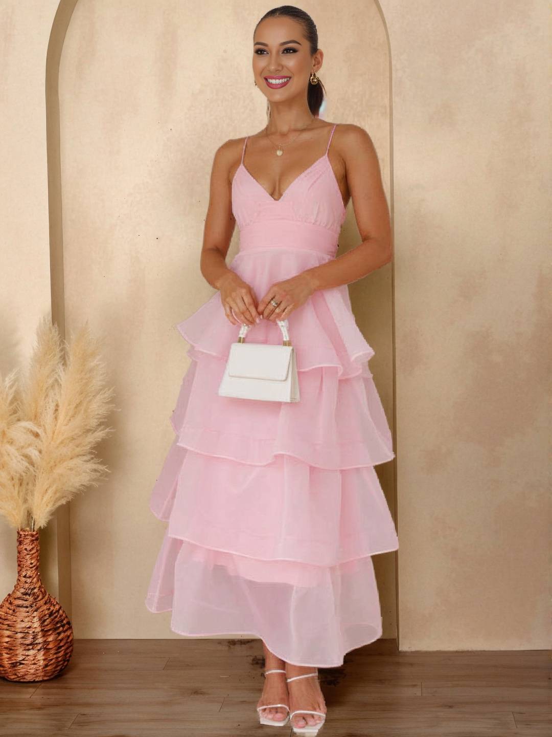 Cocolii longue robe tulle à volants étagés v-cou à fines brides dos nu sans manches femme élégant bal de promo de soirée anniversaire