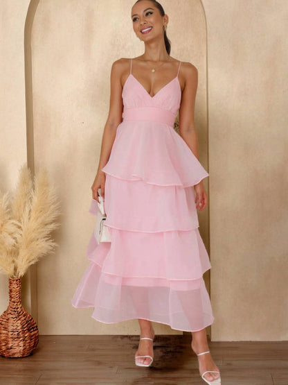 Cocolii longue robe tulle à volants étagés v-cou à fines brides dos nu sans manches femme élégant bal de promo de soirée anniversaire