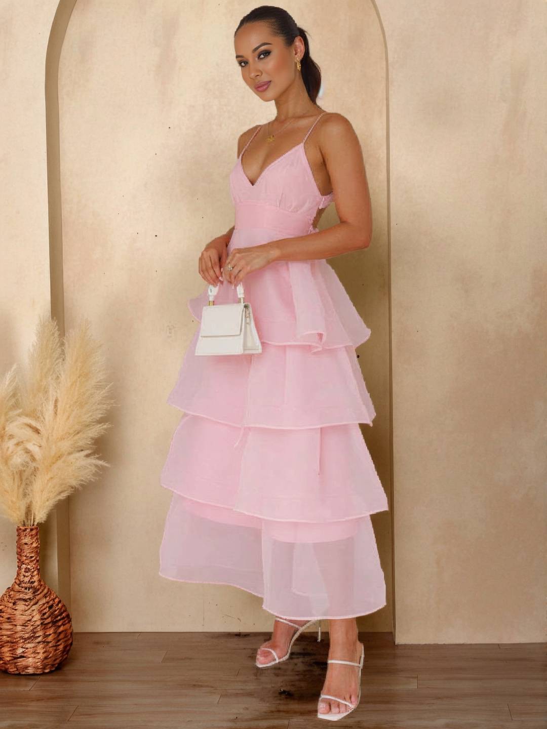 Cocolii longue robe tulle à volants étagés v-cou à fines brides dos nu sans manches femme élégant bal de promo de soirée anniversaire
