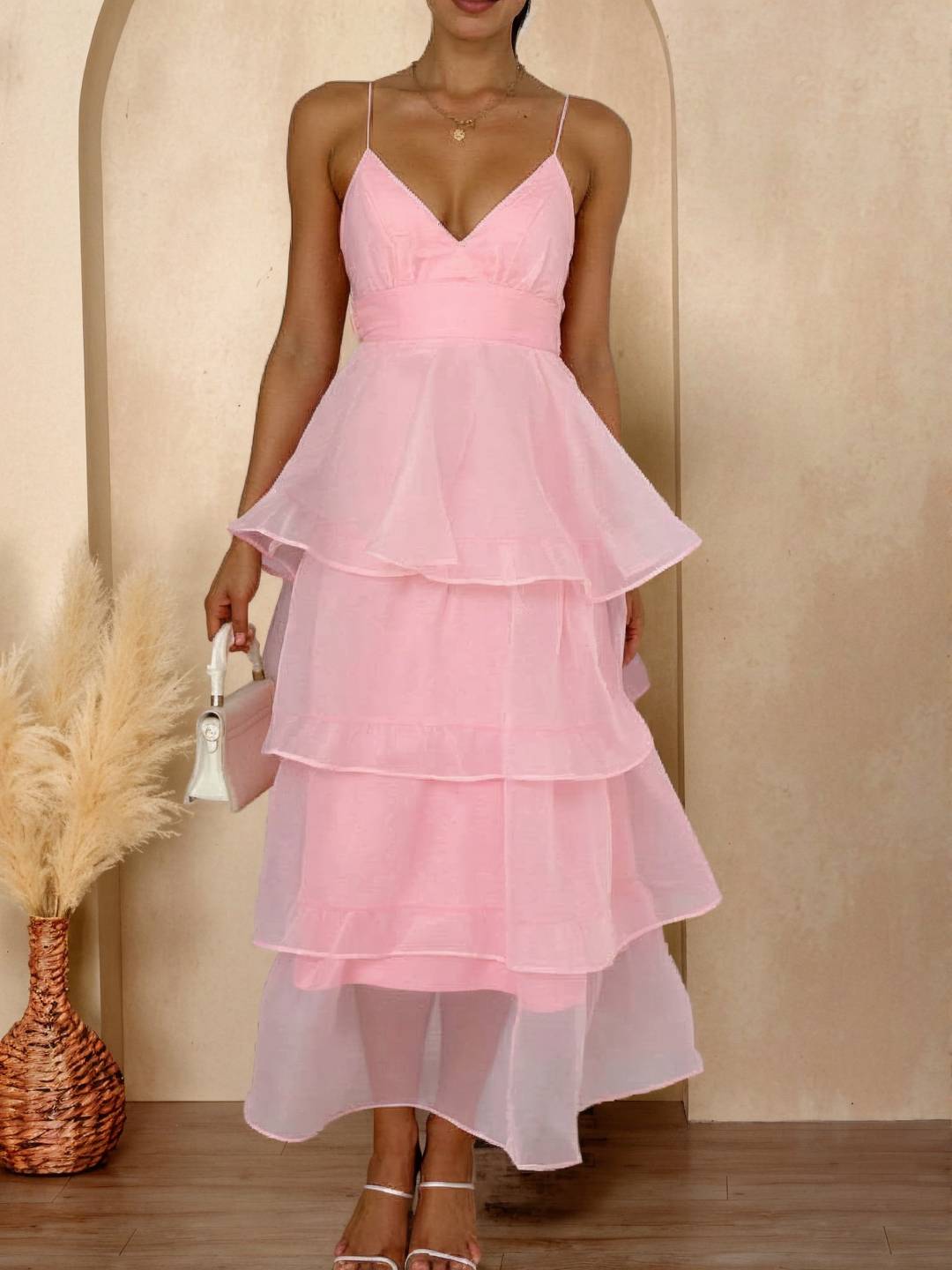 Cocolii longue robe tulle à volants étagés v-cou à fines brides dos nu sans manches femme élégant bal de promo de soirée anniversaire