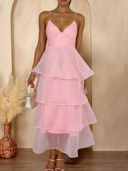 Cocolii longue robe tulle à volants étagés v-cou à fines brides dos nu sans manches femme élégant bal de promo de soirée anniversaire