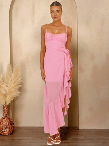 Cocolii robe longue v-cou sans manches fendu le côté irrégulière à volantée nœud dos nu femme élégant cocktail de plage