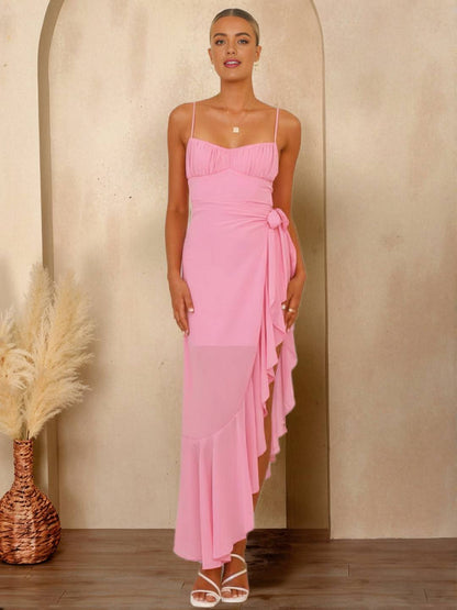 Cocolii robe longue v-cou sans manches fendu le côté irrégulière à volantée nœud dos nu femme élégant cocktail de plage