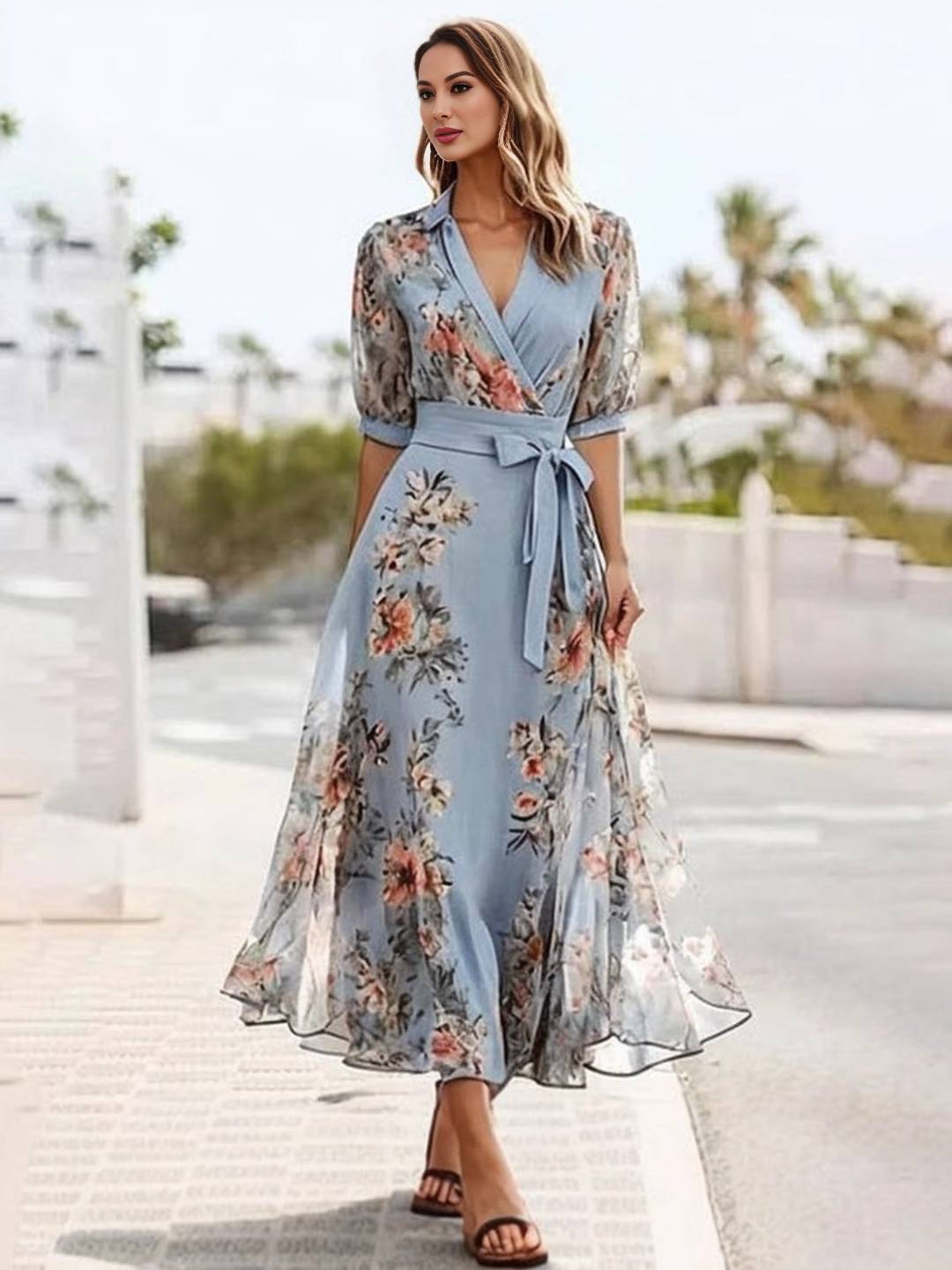 Cocolii longue robe imprimé à fleurie v-cou manches courtes femme style tailleur élégant décontracté de plage
