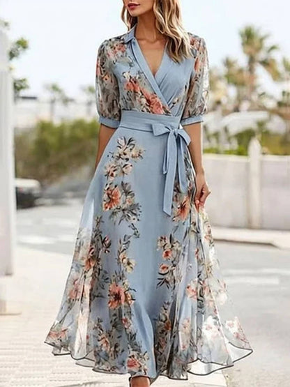 Cocolii longue robe imprimé à fleurie v-cou manches courtes femme style tailleur élégant décontracté de plage
