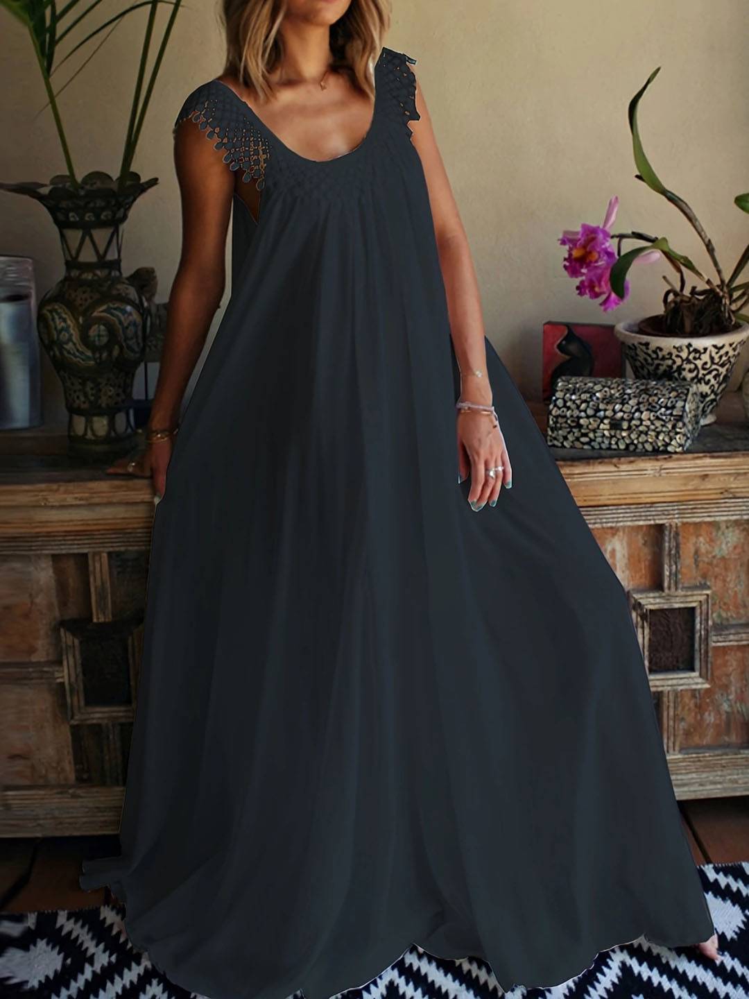 Cocolii robe longue unicolore col rond sans manches frange femme bohème lâche ample décontracté de plage