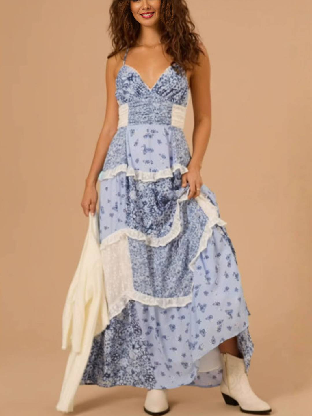 Cocolii robe longue couleur bloc imprimé à fleurie à volantée à fines brides v-cou sans manches femme bohème décontracté de plage