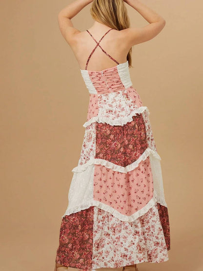 Cocolii robe longue couleur bloc imprimé à fleurie à volantée à fines brides v-cou sans manches femme bohème décontracté de plage