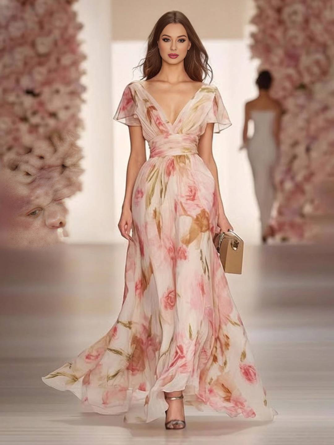 Cocolii longue robe imprimé à fleurie v-cou manches courtes femme doux élégant de soirée bal de promo cérémonie de plage