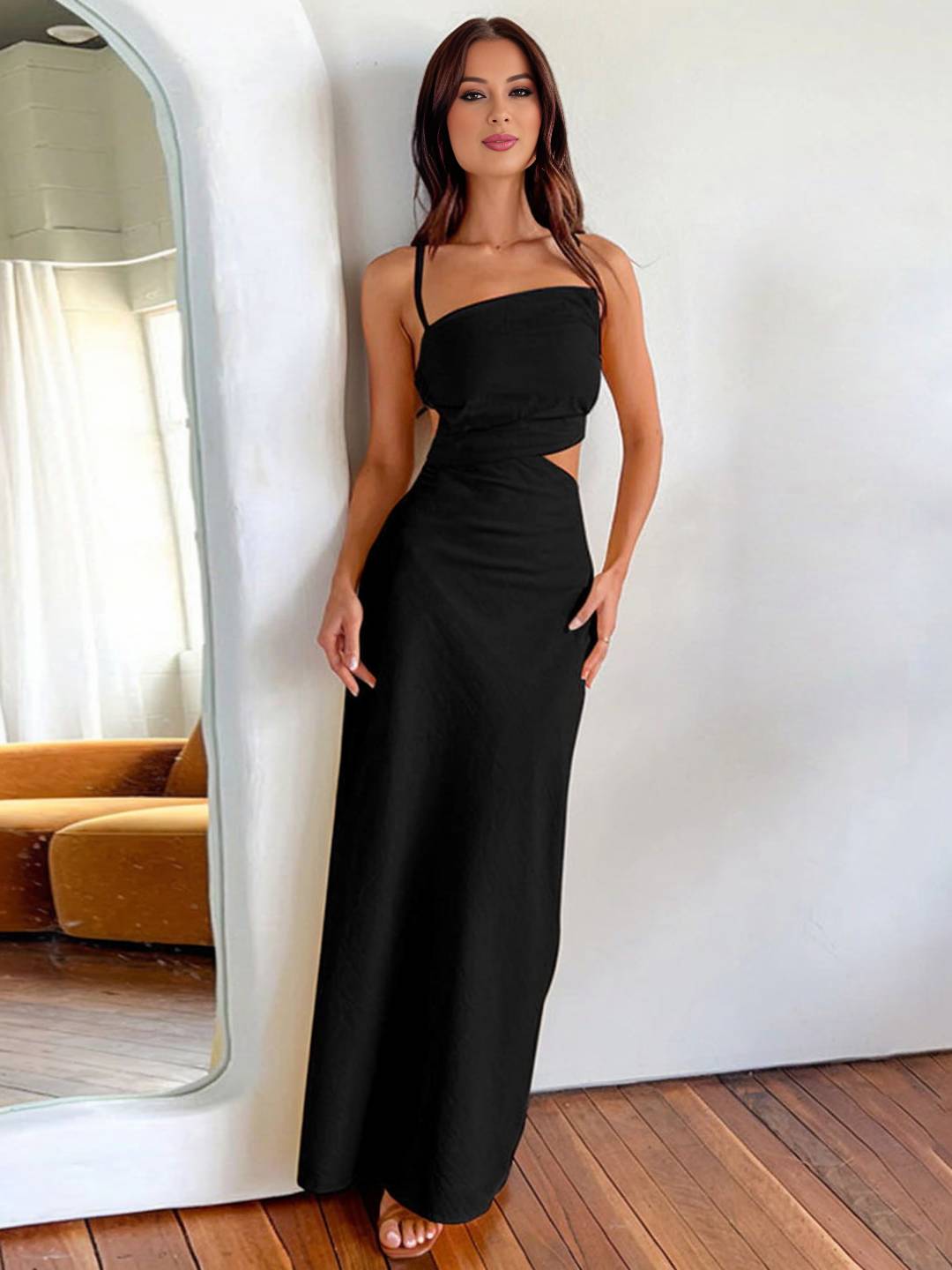 Cocolii robe longue découpes moulante dos nu à fines brides sans manches femme élégan casual de soirée hampetre de plage