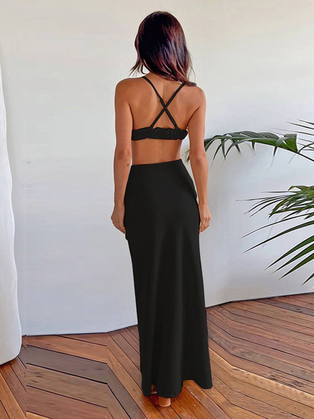 Cocolii robe longue découpes moulante dos nu à fines brides sans manches femme élégan casual de soirée hampetre de plage